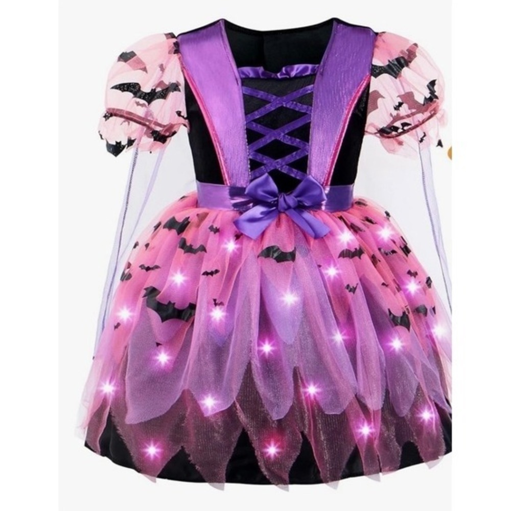 NEW Girls Light Up Bat Witch Costume  Size 10-12 Dress & Hat Halloween Pink